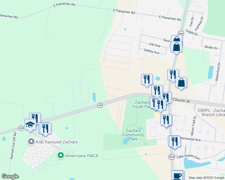 map of restaurants, bars, coffee shops, grocery stores, and more near 1522 Pecan Crossing Avenue in Zachary