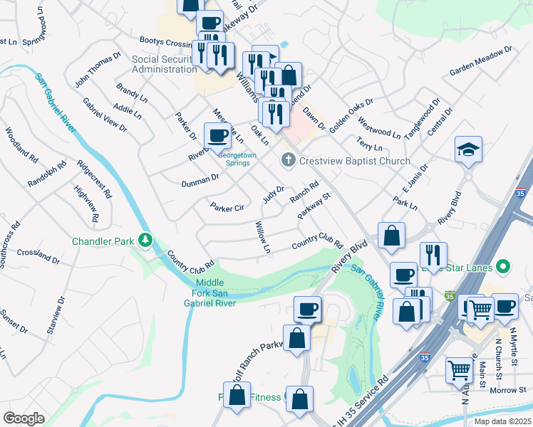 map of restaurants, bars, coffee shops, grocery stores, and more near 901 Ranch Road in Georgetown
