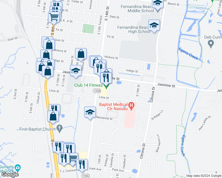 map of restaurants, bars, coffee shops, grocery stores, and more near 1025 Isle Of Palms Lane in Fernandina Beach