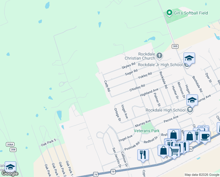 map of restaurants, bars, coffee shops, grocery stores, and more near 2103 Yokley Road in Rockdale