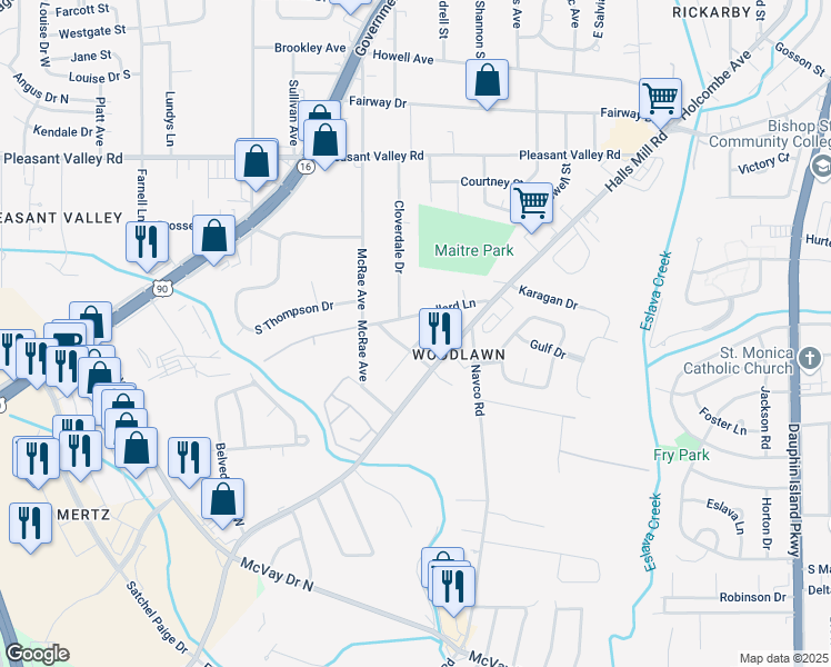 map of restaurants, bars, coffee shops, grocery stores, and more near 2614 Burgess Street in Mobile