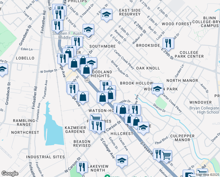 map of restaurants, bars, coffee shops, grocery stores, and more near 1615 Oakview Street in Bryan