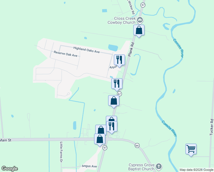 map of restaurants, bars, coffee shops, grocery stores, and more near 20423-21139 Plank Rd in Zachary