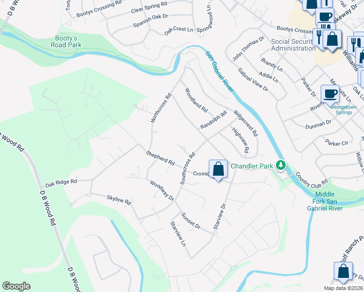map of restaurants, bars, coffee shops, grocery stores, and more near 208 Southcross Road in Georgetown