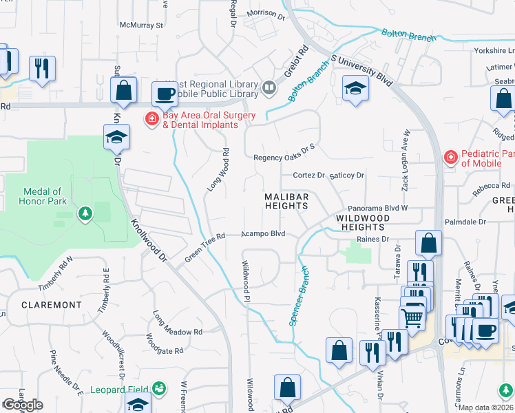 map of restaurants, bars, coffee shops, grocery stores, and more near 1708 Snowmass Court in Mobile