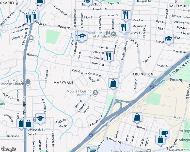 map of restaurants, bars, coffee shops, grocery stores, and more near 1600-1698 Warbler Drive in Mobile