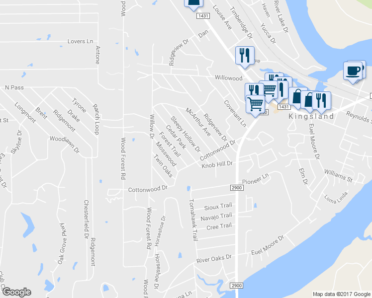 map of restaurants, bars, coffee shops, grocery stores, and more near 1886 Cedar Park in Kingsland