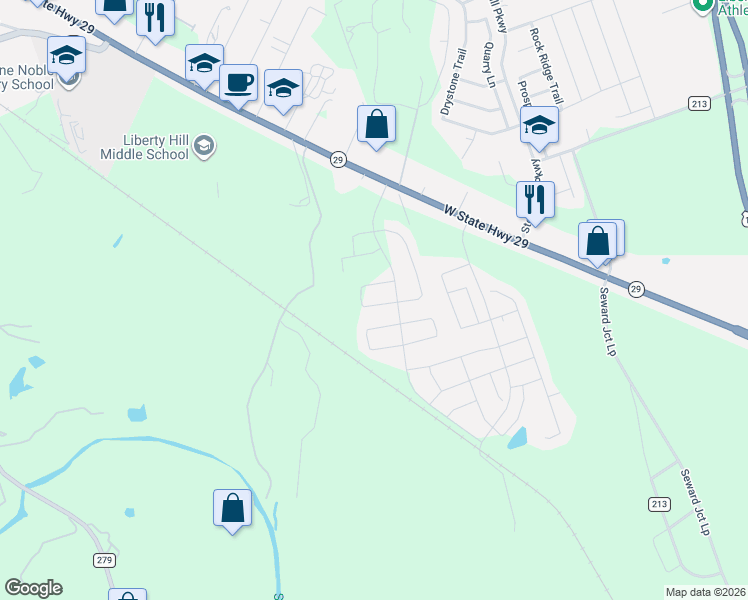 map of restaurants, bars, coffee shops, grocery stores, and more near 201 Capital Hill vw in Liberty Hill