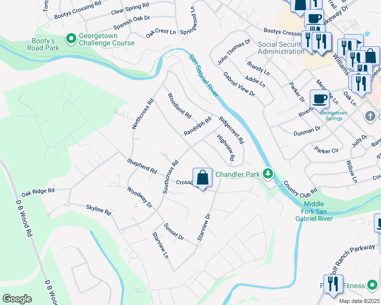 map of restaurants, bars, coffee shops, grocery stores, and more near 199 Southcross Road in Georgetown