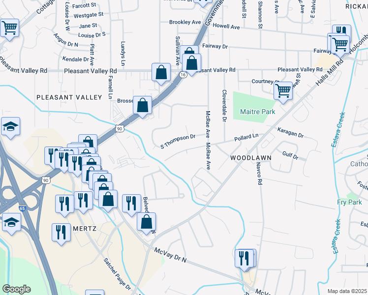 map of restaurants, bars, coffee shops, grocery stores, and more near 2726 Moot Avenue in Mobile