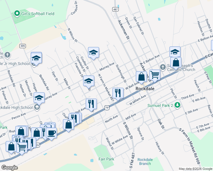 map of restaurants, bars, coffee shops, grocery stores, and more near 430 North Farm to Market 487 in Rockdale