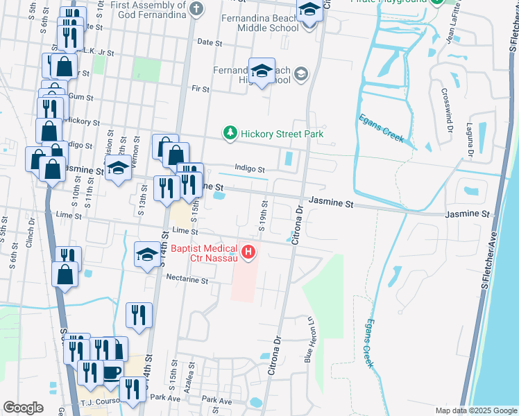 map of restaurants, bars, coffee shops, grocery stores, and more near 1053 South 19th Street in Fernandina Beach