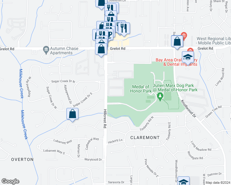 map of restaurants, bars, coffee shops, grocery stores, and more near 1701 Hillcrest Road in Mobile