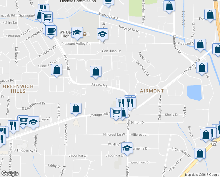 map of restaurants, bars, coffee shops, grocery stores, and more near 656 Azalea Road in Mobile