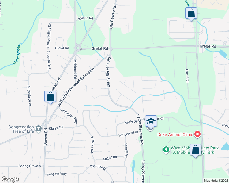 map of restaurants, bars, coffee shops, grocery stores, and more near 1671 Leroy Stevens Road in Mobile
