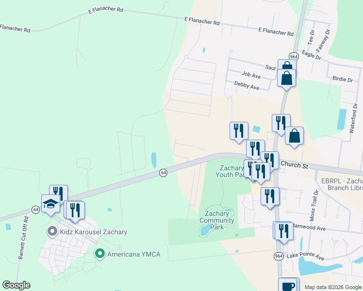 map of restaurants, bars, coffee shops, grocery stores, and more near 1522 Pecan Crossing Avenue in Zachary