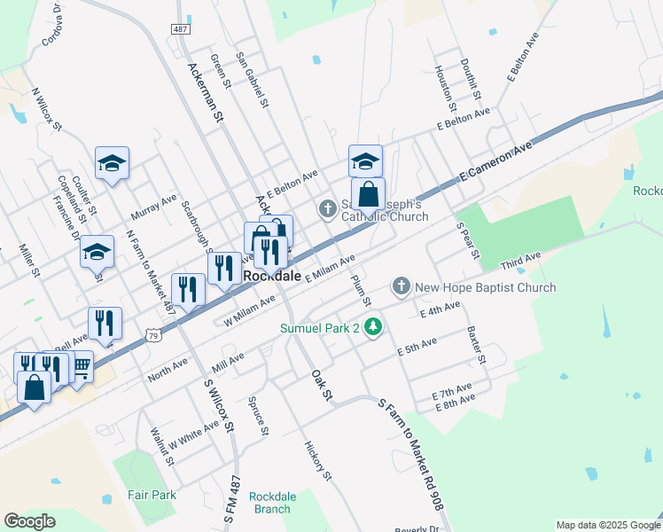 map of restaurants, bars, coffee shops, grocery stores, and more near 230-298 E Milam Ave in Rockdale