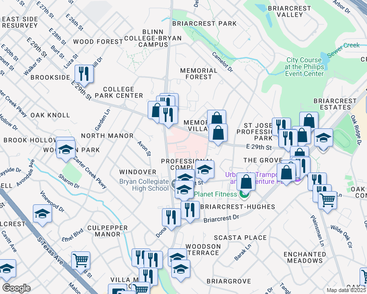 map of restaurants, bars, coffee shops, grocery stores, and more near 2670 East 29th Street in Bryan