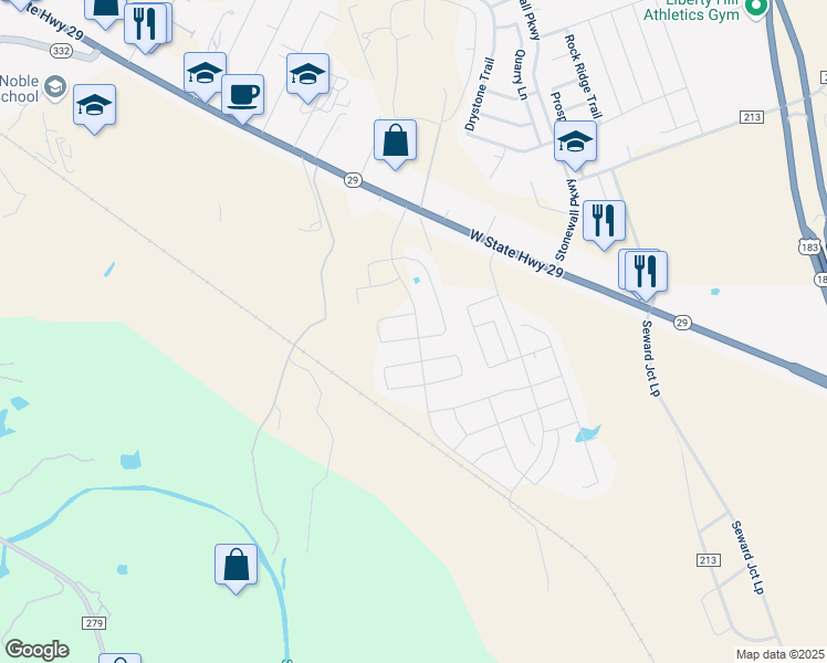 map of restaurants, bars, coffee shops, grocery stores, and more near 201 Capital Hill vw in Liberty Hill