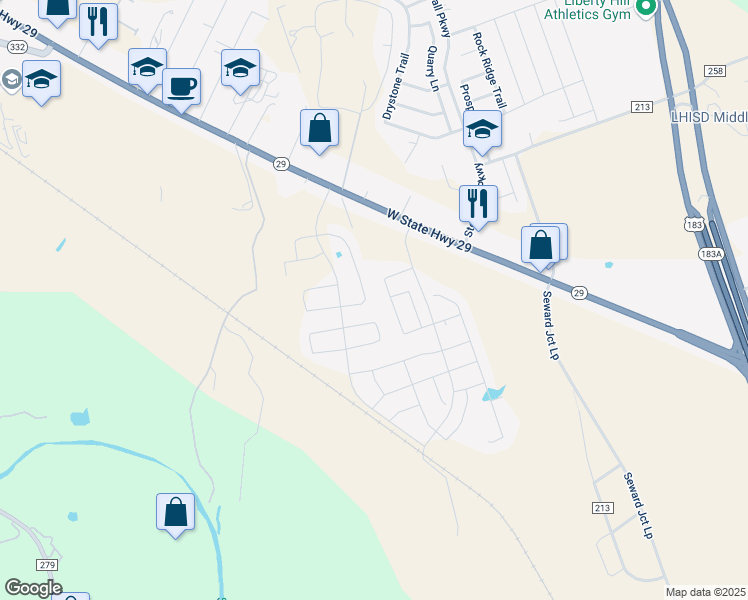 map of restaurants, bars, coffee shops, grocery stores, and more near 100 Capitol Hill View in Liberty Hill