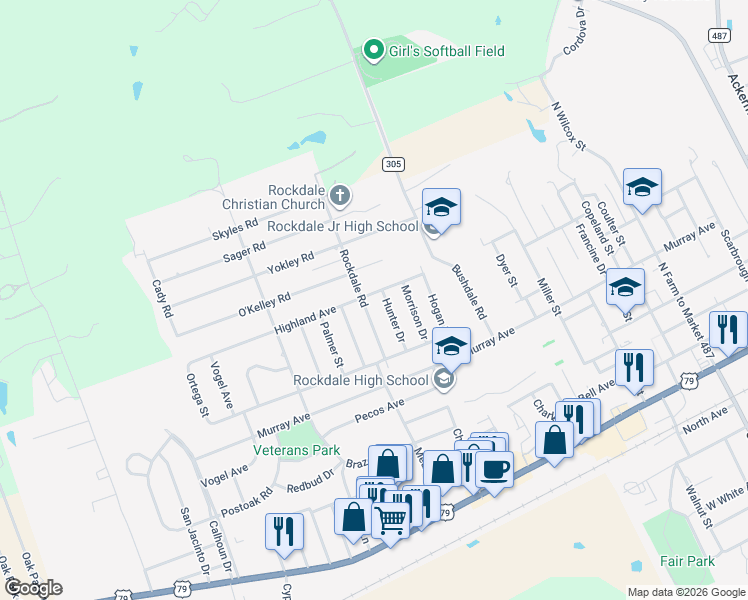 map of restaurants, bars, coffee shops, grocery stores, and more near 715 Hunter Drive in Rockdale