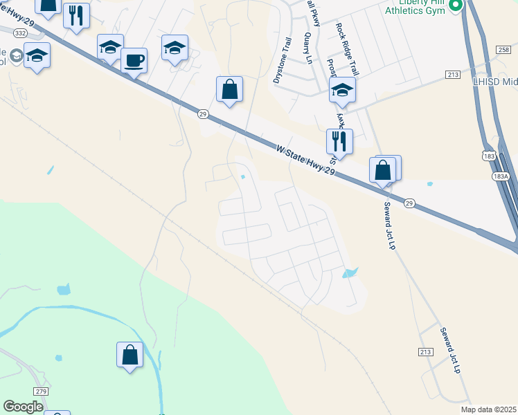 map of restaurants, bars, coffee shops, grocery stores, and more near 100 Capital Hill vw in Liberty Hill