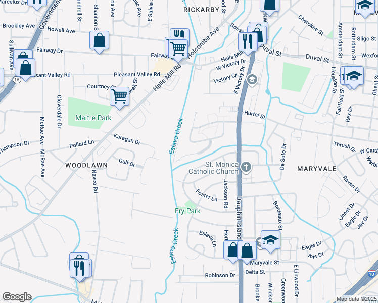 map of restaurants, bars, coffee shops, grocery stores, and more near 2117 Highland Court in Mobile