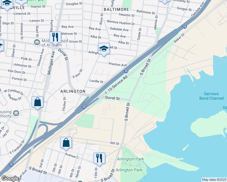 map of restaurants, bars, coffee shops, grocery stores, and more near 948 Nellie Street in Mobile