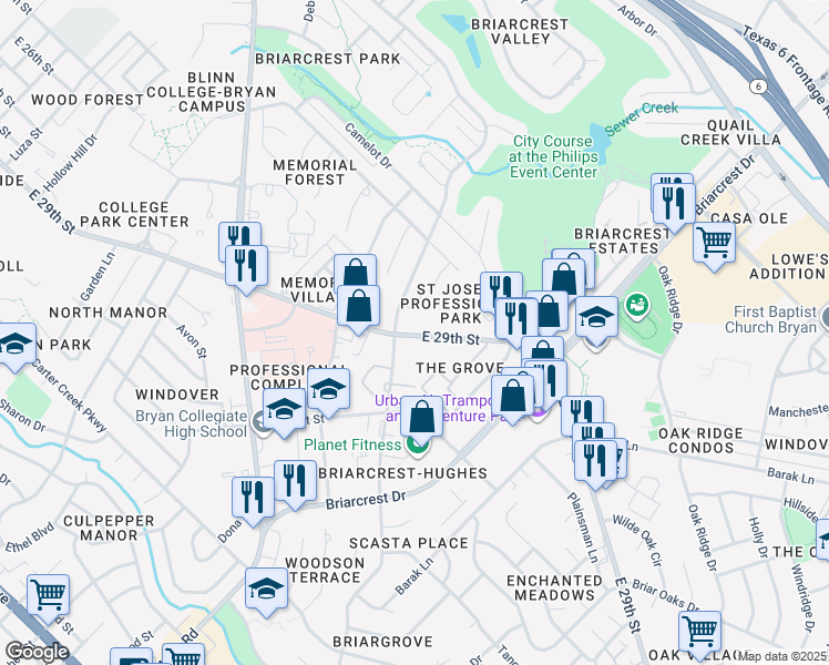 map of restaurants, bars, coffee shops, grocery stores, and more near 3020 East 29th Street in Bryan