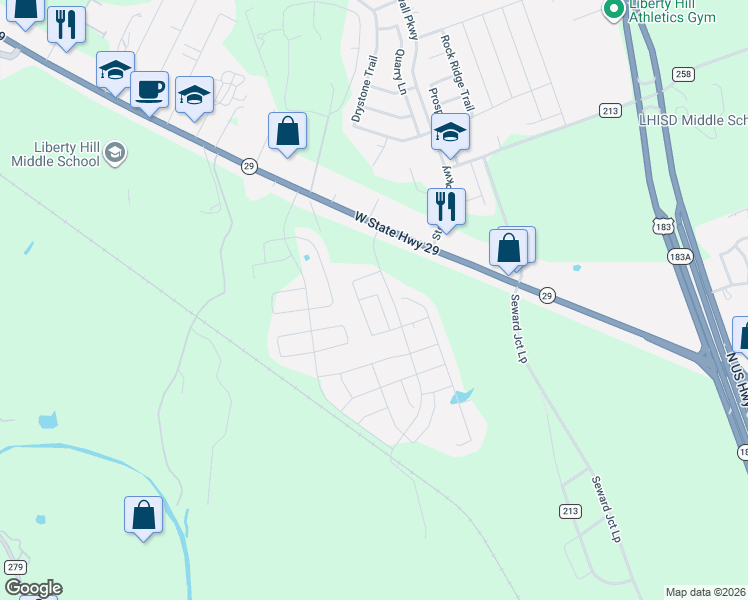 map of restaurants, bars, coffee shops, grocery stores, and more near 225 Continental Avenue in Liberty Hill