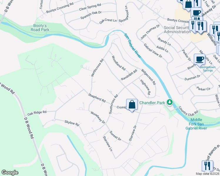map of restaurants, bars, coffee shops, grocery stores, and more near 208 Southcross Road in Georgetown