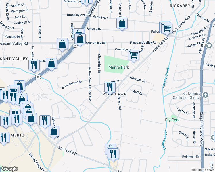 map of restaurants, bars, coffee shops, grocery stores, and more near 2600 Burgess Street in Mobile