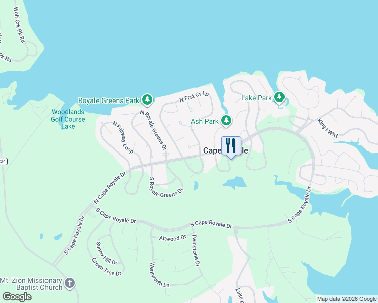 map of restaurants, bars, coffee shops, grocery stores, and more near 1330 Cape Royale Drive in Coldspring