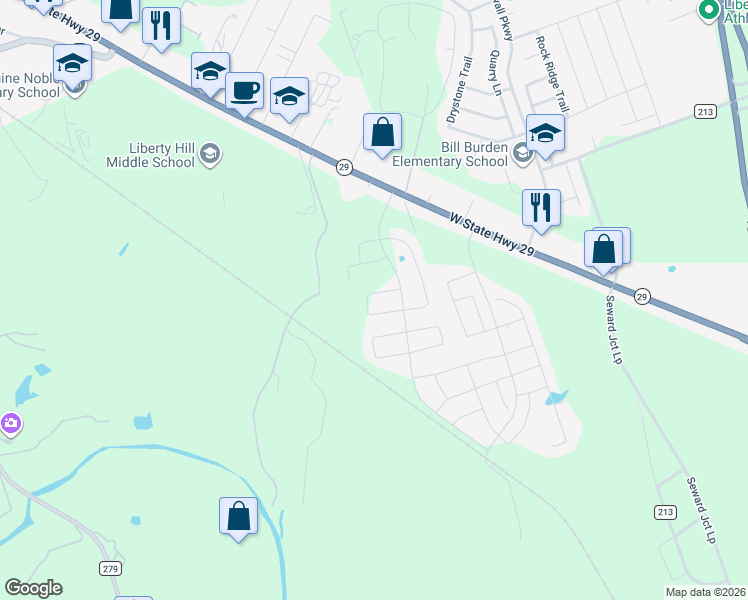 map of restaurants, bars, coffee shops, grocery stores, and more near 201 Capital Hill vw in Liberty Hill