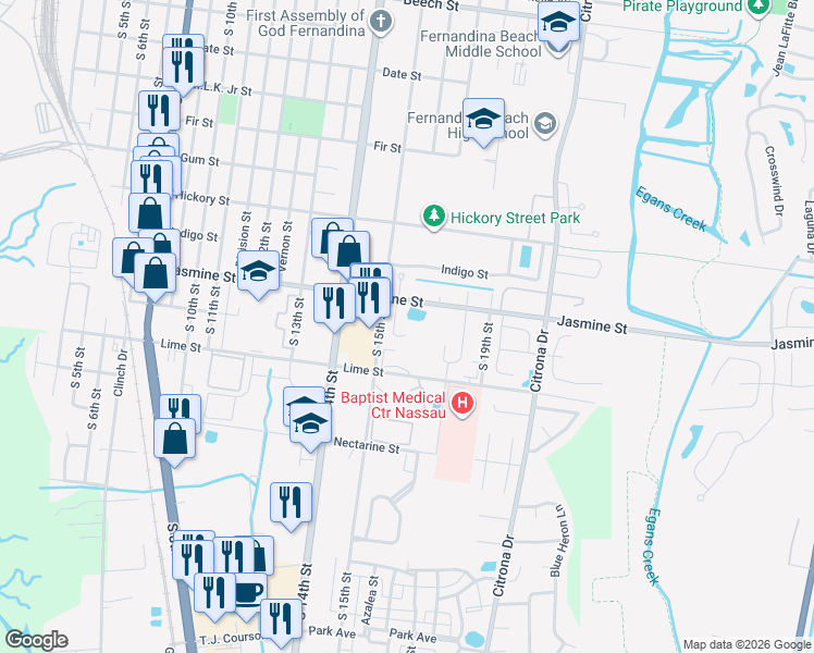 map of restaurants, bars, coffee shops, grocery stores, and more near 1027 Isle Of Palms Lane in Fernandina Beach