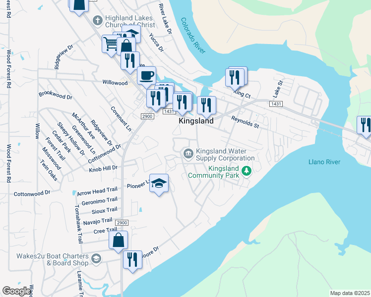 map of restaurants, bars, coffee shops, grocery stores, and more near 100 Windwood Drive in Kingsland