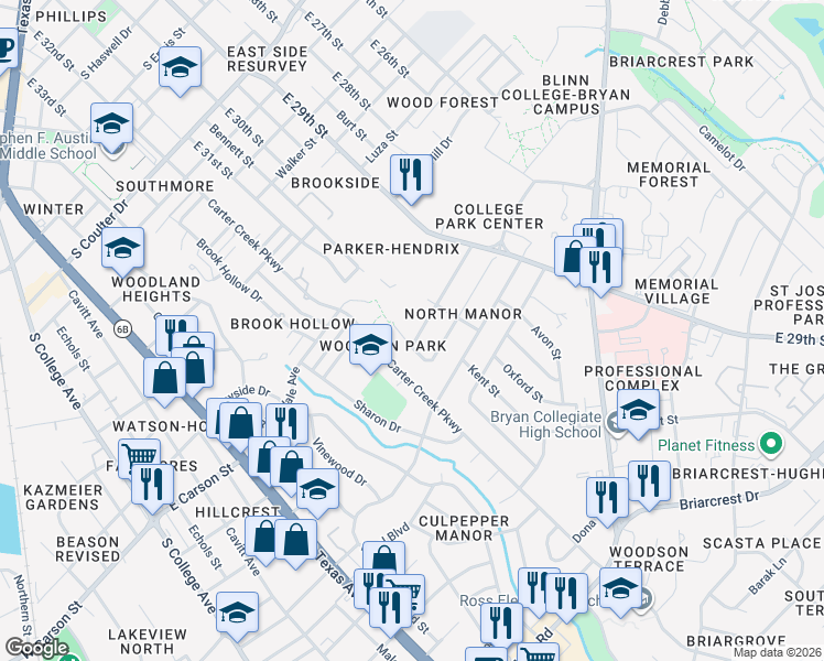 map of restaurants, bars, coffee shops, grocery stores, and more near 1201 Garden Lane in Bryan