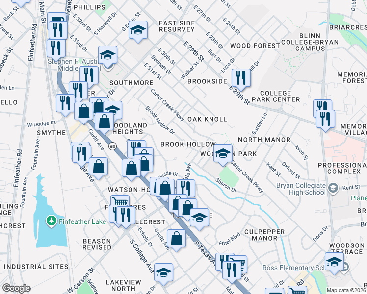 map of restaurants, bars, coffee shops, grocery stores, and more near 605A Cache Cove Court in Bryan