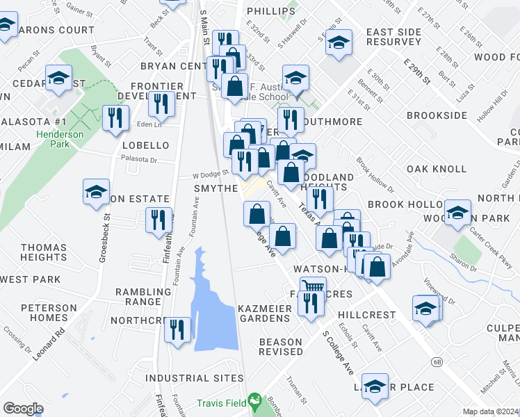 map of restaurants, bars, coffee shops, grocery stores, and more near 109 Hardy Street in Bryan