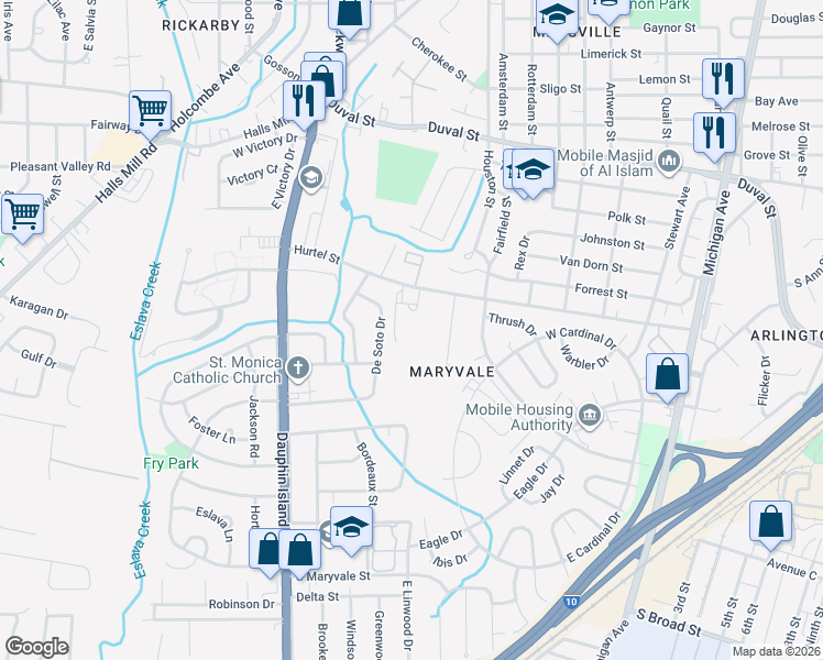 map of restaurants, bars, coffee shops, grocery stores, and more near 1901 Hurtel Street in Mobile