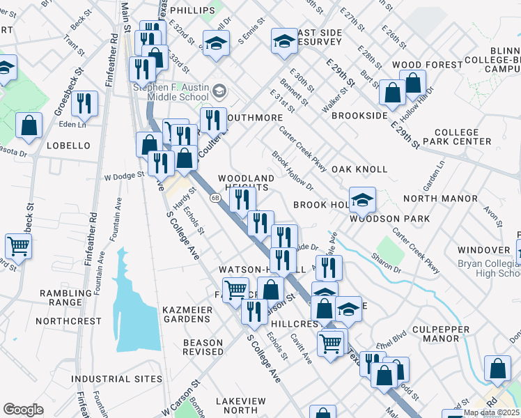 map of restaurants, bars, coffee shops, grocery stores, and more near 1615 Oakview Street in Bryan