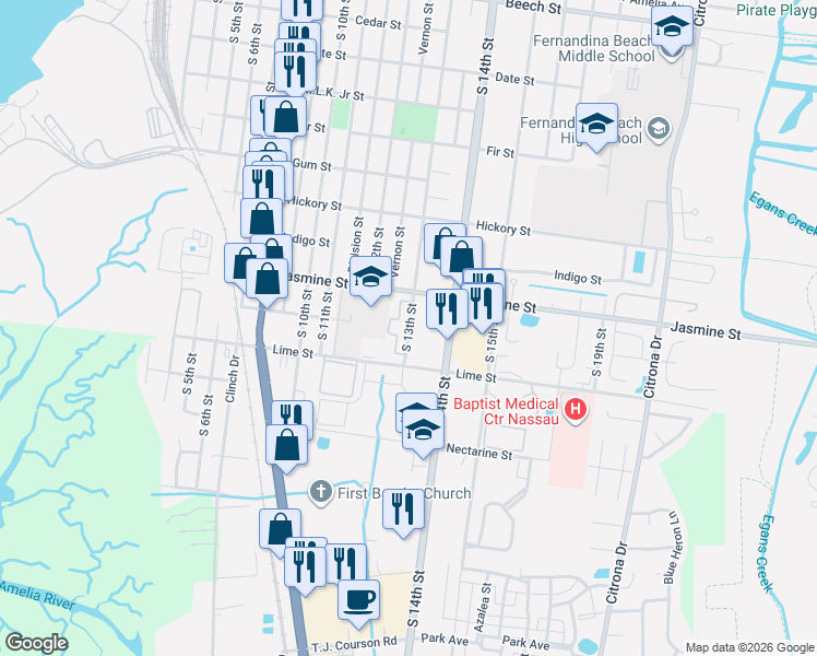 map of restaurants, bars, coffee shops, grocery stores, and more near 1110 South 13th Street in Fernandina Beach