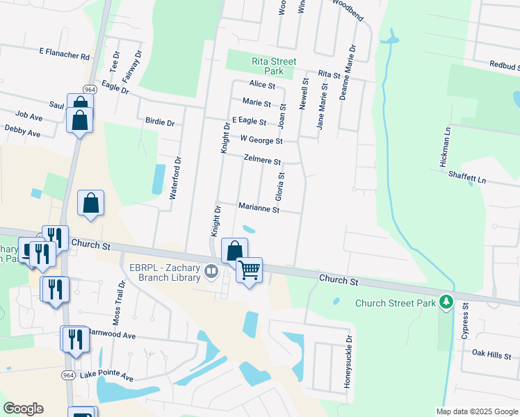 map of restaurants, bars, coffee shops, grocery stores, and more near 2230 Marianne Drive in Zachary