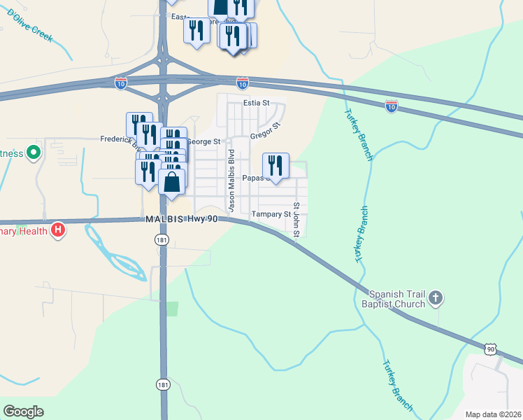 map of restaurants, bars, coffee shops, grocery stores, and more near 10326 Emmanuel Street in Daphne