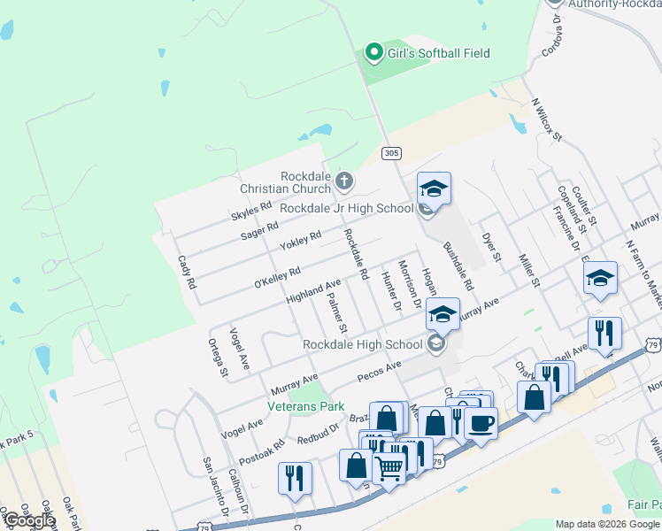 map of restaurants, bars, coffee shops, grocery stores, and more near 1600 O'Kelley Road in Rockdale