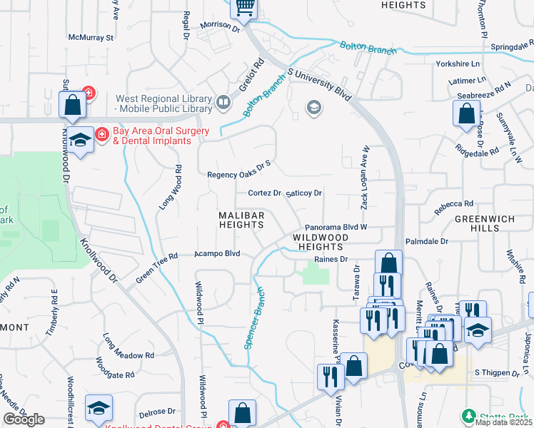 map of restaurants, bars, coffee shops, grocery stores, and more near 1600 Topanga Drive in Mobile
