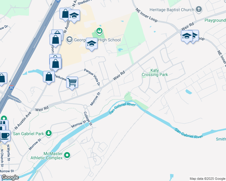 map of restaurants, bars, coffee shops, grocery stores, and more near 650 Weir Road in Georgetown