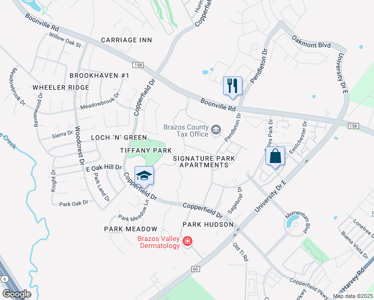 map of restaurants, bars, coffee shops, grocery stores, and more near Park Hudson Trail in Bryan