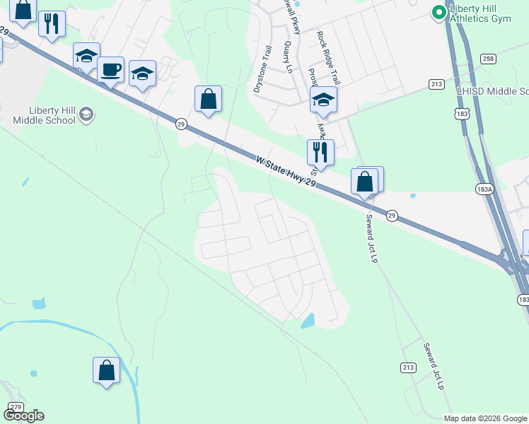 map of restaurants, bars, coffee shops, grocery stores, and more near 109 Proclamation Avenue in Liberty Hill