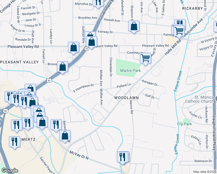 map of restaurants, bars, coffee shops, grocery stores, and more near 2618 Pollard Lane in Mobile